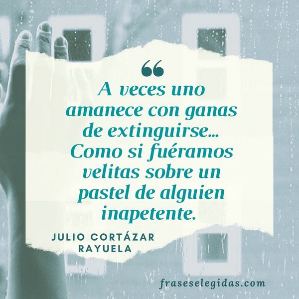 Frase de Julio Cortázar: A veces uno amanece con ganas de extinguirse... Como si fuéramos velitas sobre un pastel de alguien inapetente.